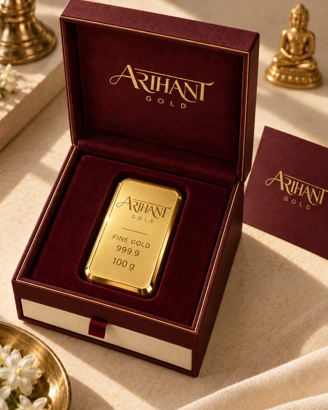 A 100 g Arihant Gold 999.9 fine gold bar in its presentation box